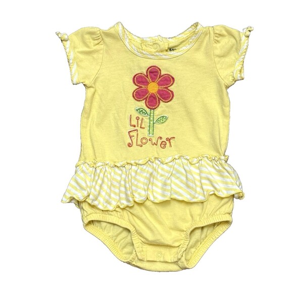 Y2K Babies R Us Yellow Pink Flower Ruffle Knit Bubble Romper 3-6 Months - Picture 1 of 7